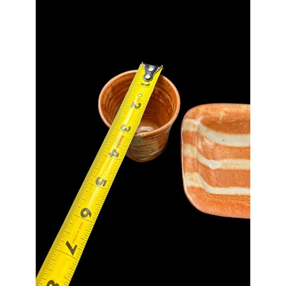 Set of 2 Vintage Hand Thrown Stoneware Art Pottery Soap Dish & Cup Speckled - Picture 12 of 13